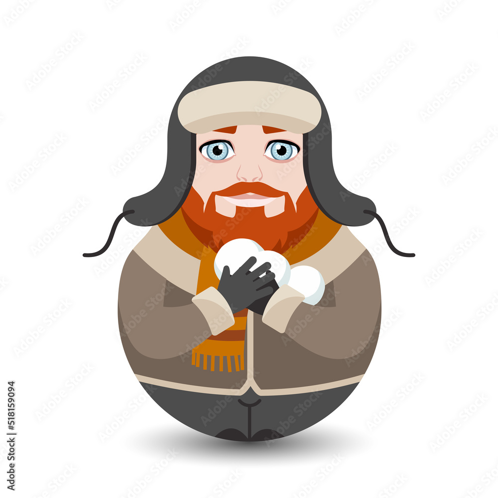 A red-bearded man is dressed in a warm hat with earflaps and a coat, holding snowballs in his hands. Modern kawaii dolls for your business project. A red-bearded man is dressed in a warm hat with earflaps and a coat, holding snowballs in his hands. Modern kawaii dolls for your business project.