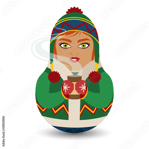 A girl dressed in a hat with hanging pom-poms and warm clothes holds a hot drink in her hand. Modern kawaii dolls for your business project.