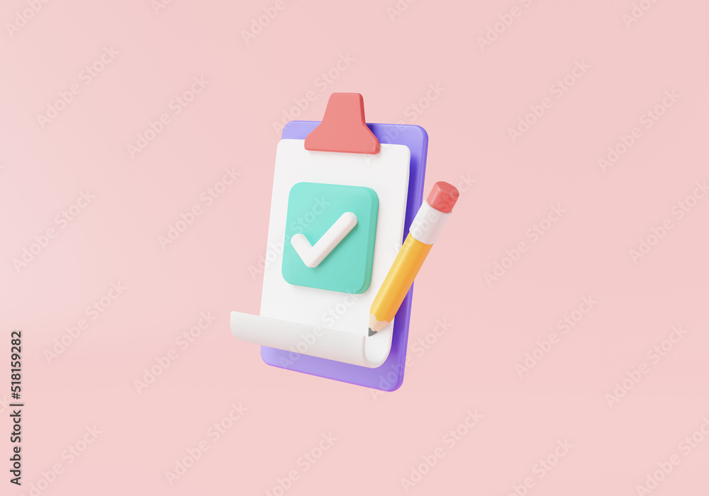 Clipboard with check mark icon on pink background. fast checklist, Planning, Contract paper, Checklist ,Approve, project plan, correct, success. 3d icon rendering illustration, cartoon minimal Clipboard with check mark icon on pink background. fast checklist, Planning, Contract paper, Checklist ,Approve, project plan, correct, success. 3d icon rendering illustration, cartoon minimal