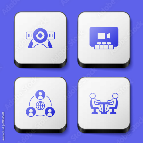 Set Web camera, Video chat conference, Meeting and icon. White square button. Vector