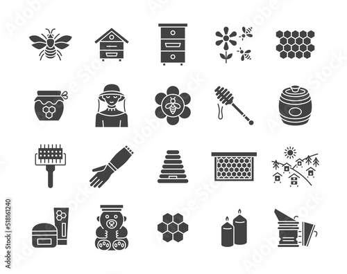 Beekeeping glyph icon set. Collection sign with bee, hive, honey, beekeeper,equipment, apiary. Vector illustration.