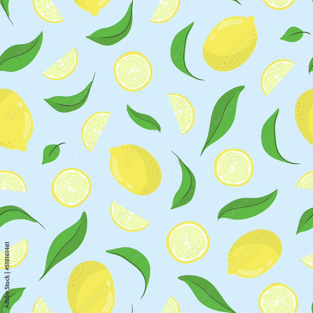 Lemons citrus fruit, slices and leaves seamless pattern Lemons citrus fruit, slices and leaves seamless pattern
