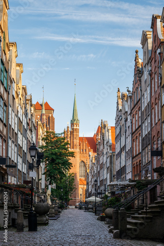 View at Basilica of St. Mary from Mariacka street, Gdansk, Poland. Old town at Eastern Europe travel destination