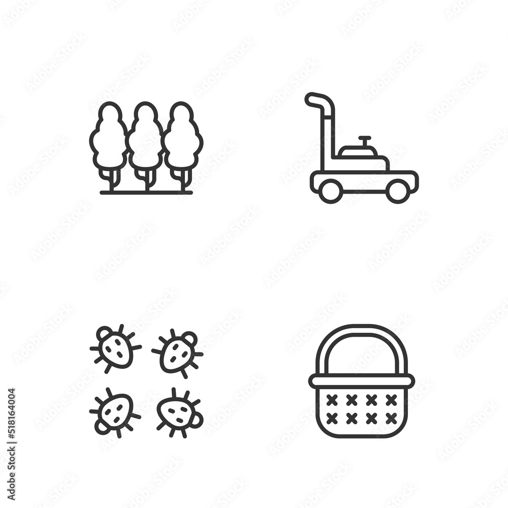 Set line Wicker basket, Colorado beetle, Fruit trees and Lawn mower icon. Vector Set line Wicker basket, Colorado beetle, Fruit trees and Lawn mower icon. Vector