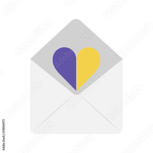 Opened envelope with Ukrainian flag in heart shape, support and solidarity. Isolated vector illustration in flat style