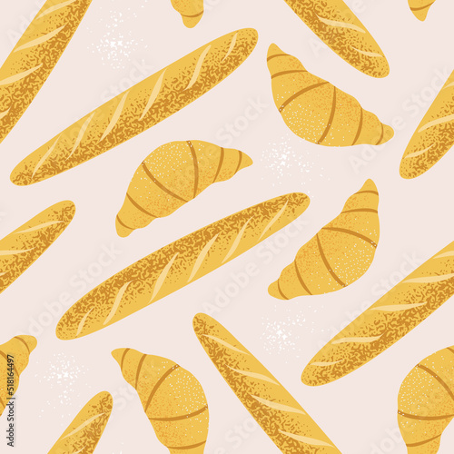 Hand drawn vector seamless pattern with baked pastry, baguettes and croissants