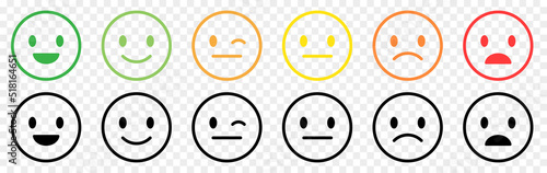 Face icon set. Line art style. Satisfaction rating. Vector illustration isolated on transparent background