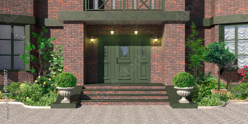 The facade of the house is made of brown bricks with a green door at the main entrance and lamps. 3D visualization of the entrance to the territory of the mansion and green spaces on the sides of the 