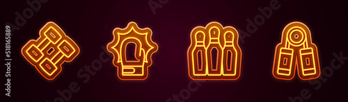 Set line Dumbbell, Punch in boxing gloves, Bowling pin and Sport expander. Glowing neon icon. Vector