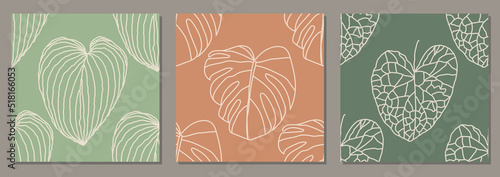 Set of trendy minimalist seamless botanical pattern with line art composition