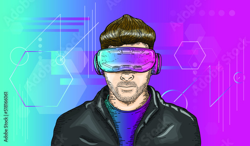 Vector Hand Drawn Engraving Style Guy wearing Virtual Reality headset Abstract VR world Person wearing virtual reality glasses and traveling the world Meta verse Virtual guide Technology Concept