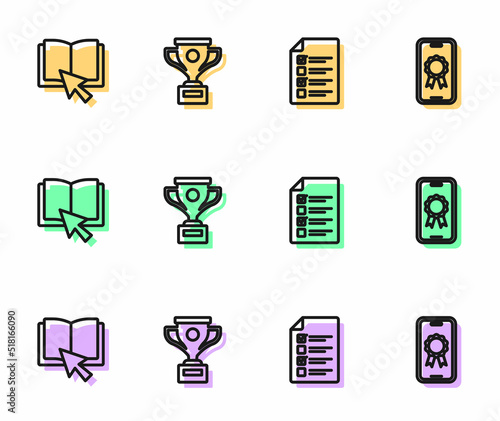 Set line Online quiz, test, survey, book, Award cup and education with diploma icon. Vector