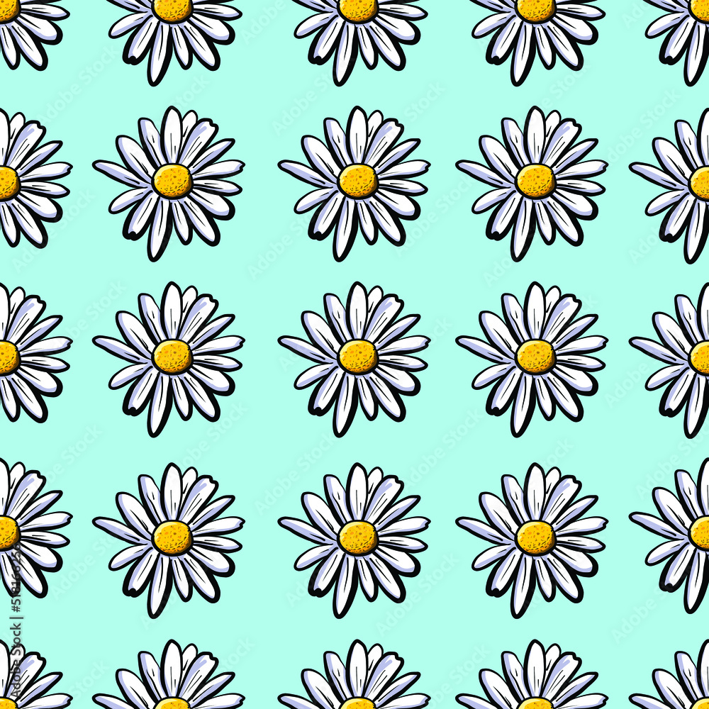 Hand drawn daisy flower texture repeatable design. Vector seamless pattern with chamomile flowers on blue background. Can be used for textile print, wrapping papers, wallpapers or for website.