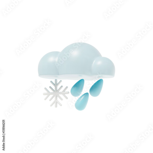 Vector 3D realistic solid blue cloud with three waterdrops and the snowflake. Render of the icon with snow and rain for weather forecast