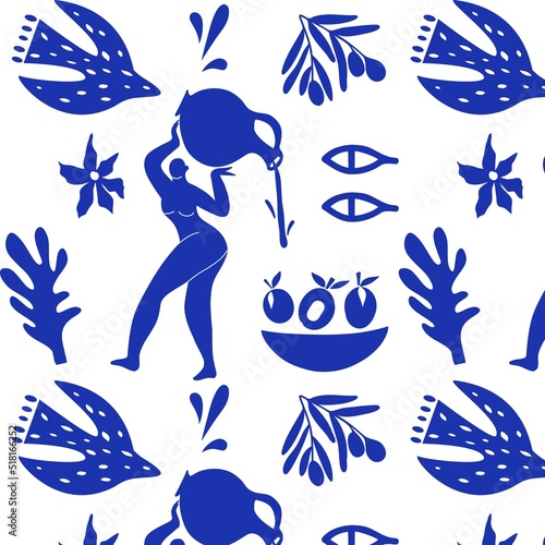 Contemporary fashion seamless pattern. Abstract modern print blue floral elements, woman body silhouette. Vector art