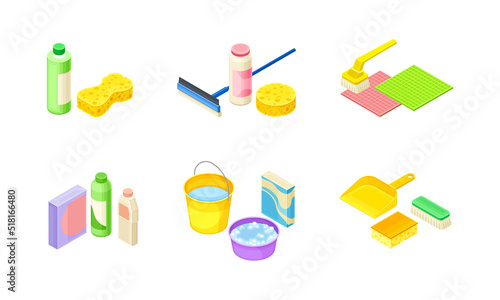 Household cleaning supplies set. Bucket, detergents, sponge, broom and scoop vector illustration
