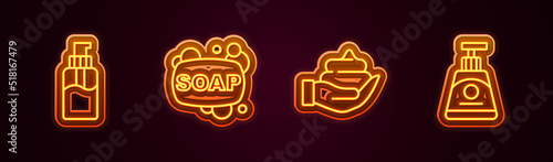 Set line Bottle of liquid soap, Bar, Shaving foam on hand and Cream or lotion cosmetic tube. Glowing neon icon. Vector