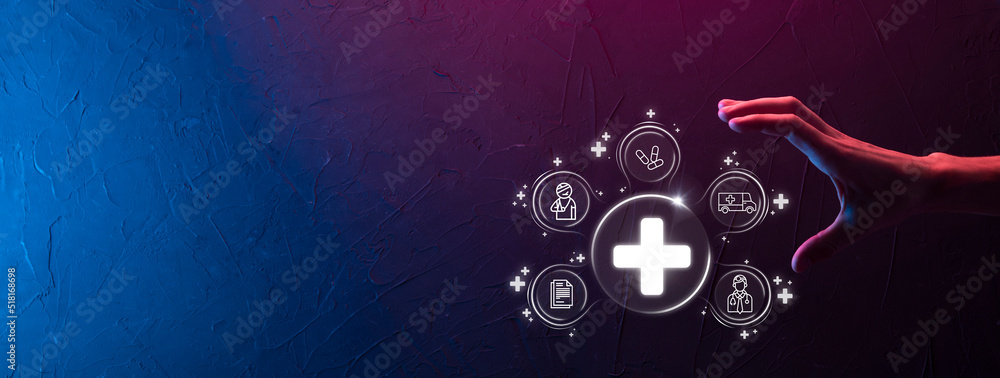 Businessman hold virtual plus medical network connection icons. Covid-19 pandemic develop people awareness and spread attention on their healthcare.Doctor,document,medicine,ambulance,patient icon. Businessman hold virtual plus medical network connection icons. Covid-19 pandemic develop people awareness and spread attention on their healthcare.Doctor,document,medicine,ambulance,patient icon.