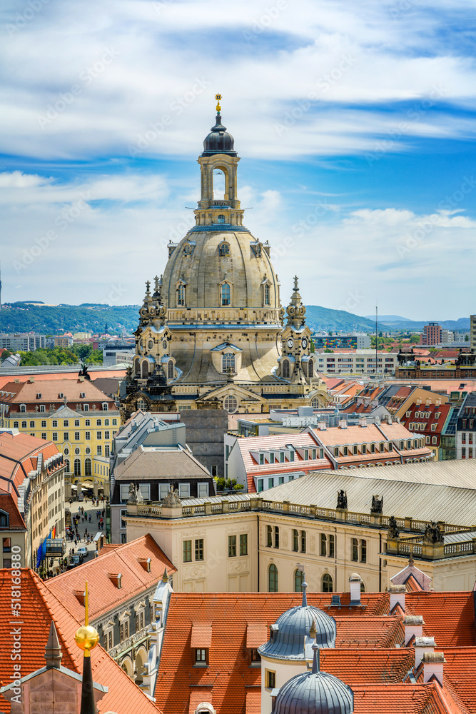 Dresden, Germany. Vertical  aerial view of historical center of Dresden. On the background Church of our Lady (Frauenkirche).