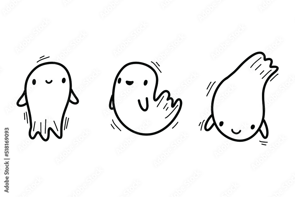 Halloween little ghost in cute kawaii sketch style. Doodle ghost. funny smiling ghosts set, spirit on white background. trick or treat stock cartoon image. Halloween little ghost in cute kawaii sketch style. Doodle ghost. funny smiling ghosts set, spirit on white background. trick or treat stock cartoon image.