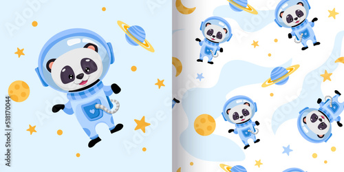 Seamless pattern with Baby Panda astronaut in the open space on light white background for children wallpaper, textile print or for baby shower design. Vector cartoon illustration