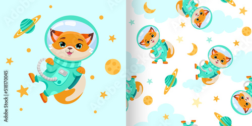 Cute seamless pattern with Fox Astronaut, stars, moon and planets. Animal repeated vector illustration for nursery, poster, birthday greeting cards, baby shower or textile fabric
