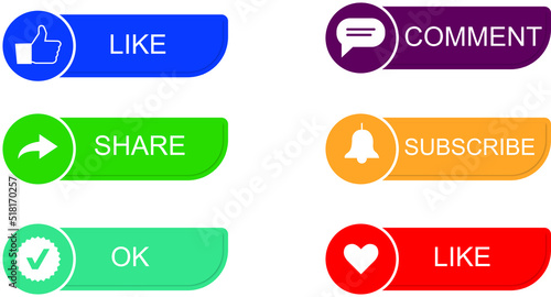 Icon set for channel and social networks. Like, Comment, Share, and Subscribe Button. Collection of subscription buttons in icon shape for channel, blog, social media. Vector illustration.
