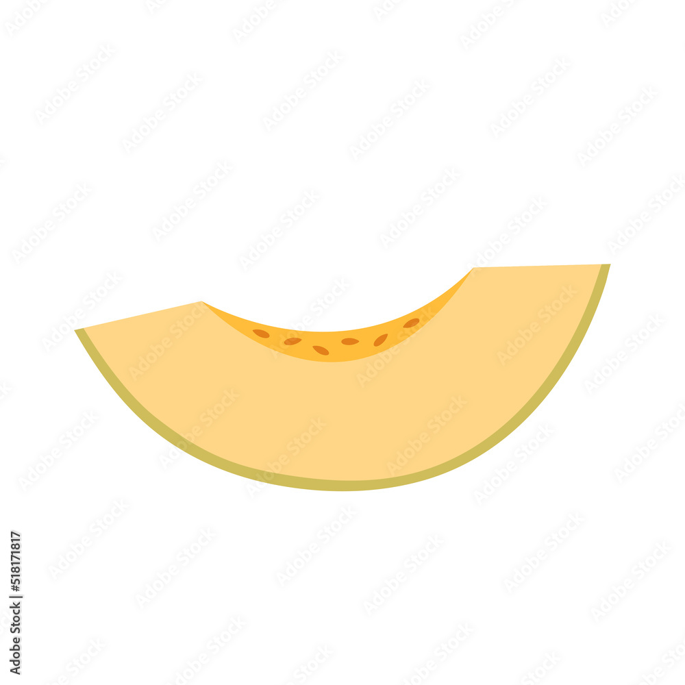 Melon. Slice of fresh fruit. Cut piece with yellow juicy pulp. Healthy and vegan dessert. Vector illustration in flat cartoon style isolated on white background. Melon. Slice of fresh fruit. Cut piece with yellow juicy pulp. Healthy and vegan dessert. Vector illustration in flat cartoon style isolated on white background.