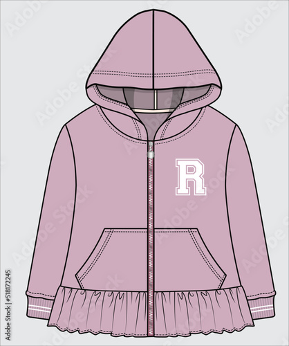 FRILLED VARSITY HOODED SWEAT TOP FOR KID GIRLS AND TODDLER GIRLS IN EDITABLE VECTOR FILE
