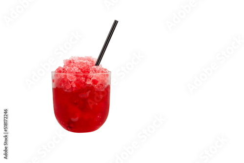 Fruit Shaved ice with natural juice. Red Slush drink isolated on white background. Design element, copy space. Template for menu restaurant, bar, cafe. Summer refreshment drink photo