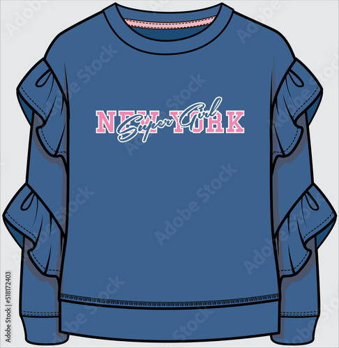 FRILLED SLEEVES DROP SHOULDER SWEAT TOP FOR  TEEN GIRLS AND KID GIRLS IN EDITABLE VECTOR FILE