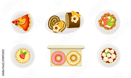 Top view of delicious sweet desserts set. Cupcake, waffle, donut, roll and pie vector illustration