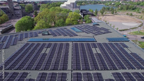 Aerial view of the solar panels on the roof of a building in Central Helsinki, Finland