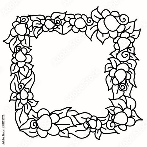 Frame with flowers and leaves, black line isolated on white vector