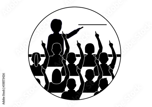 Profesor preguntando a los alumnos y estos con la mano levantada para responder. La vuelta al cole