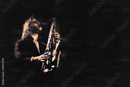 Aquarell eines Jazz-Saxophonisten auf einem schwarzen Papieruntergrund photo