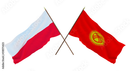 Background, 3D render for designers, illustrators. National Independence Day. Flags Poland and Kyrgyzstan