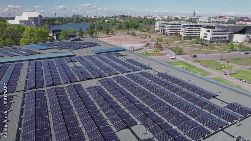 Aerial view of the solar panels on the roof of a building in Central Helsinki, Finland Aerial view of the solar panels on the roof of a building in Central Helsinki, Finland