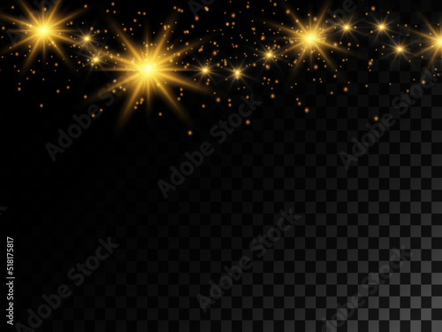 Background of golden dust particles with light, dust and stars explosion on transparent background. 