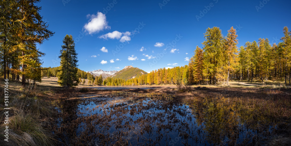 Lac de Roue lake in Queyras Regional Nature Park in Autumn (panoramic). Arvieux in the Hautes-Alpes (French Alps). France
