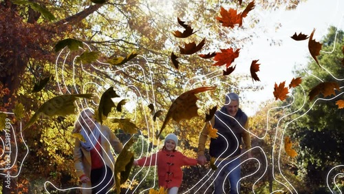 Animation of isohypses and autumn leaves over happy caucasian family in park photo