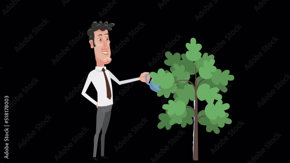 Cartoon male clerk character plant a money tree with golden coins animation with alpha channel Cartoon male clerk character plant a money tree with golden coins animation with alpha channel