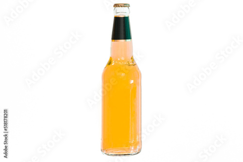 A glass bottle of beer with a black label on the top  isolated on a white background. Cool. Golden. Drunk. Fluid. Gold. Brewed. Alcoholic. Refreshing. Pub. Chill. Brand. Product. Bottle