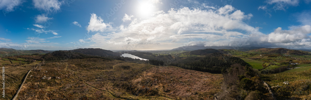 Aerial view of Castlewellan forest park in Mourne Mountains area, Northern Ireland