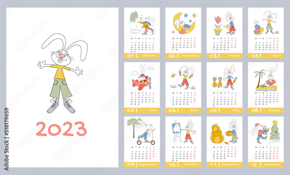 Obraz premium Calendar for 2023. Vertical design with rabbit. The rabbit character is a mascot, an oriental symbol of the year. Editable vector illustration, set of 12 months with a cover. The week starts on Monday