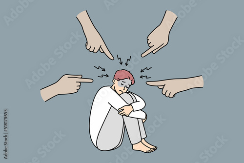 Depressed man sitting on floor feeling anxiety from hands pointing at him. Anonymous people fingers making stressed male guilty. Depression and anxiety. Vector illustration. 