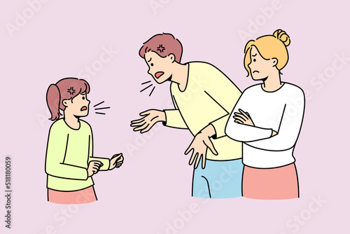 Aggressive parents scream yell at little child at home. Furious father shout at kid. Domestic violence and effect on children. Vector illustration. 