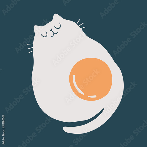 Funny cat and fried eggs. Hand draw cute cats in doodle style. Isolated vector element. For textiles, clothing, bed linen, office supplies.
