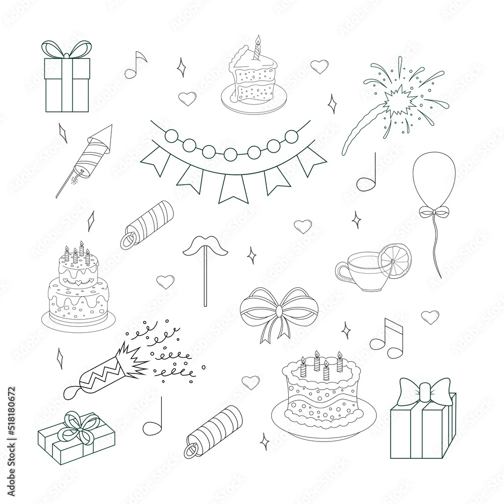 A set of icons, holiday elements, gifts, cakes and more. Vector illustration, doodle style.
