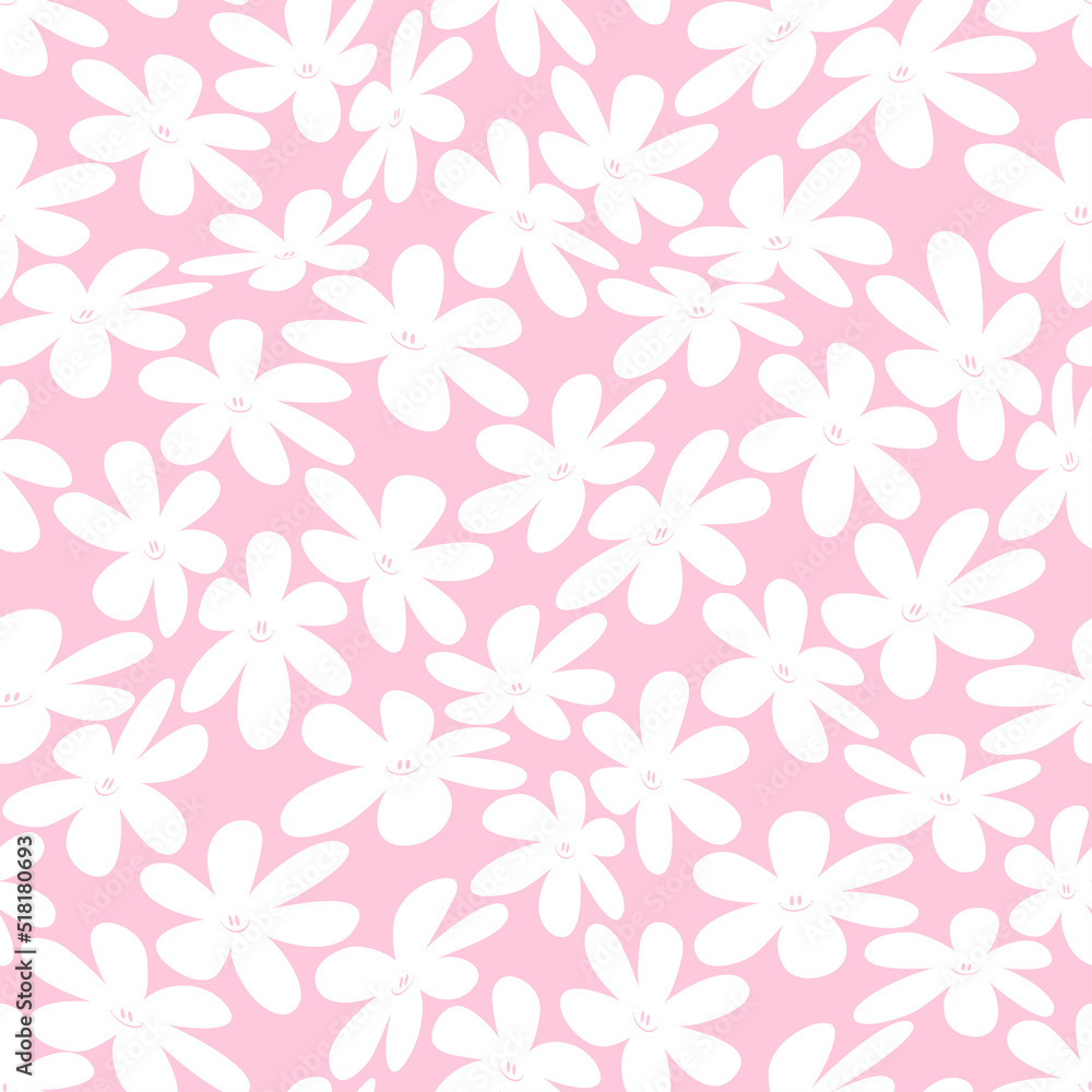 Fototapeta premium Pink warped smiling daisy pattern. Vector seamless pattern